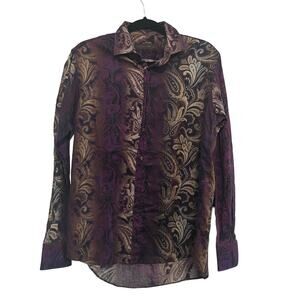 Etro Purple Green Tan Paisley 100% Cotton Button Down Top 41
